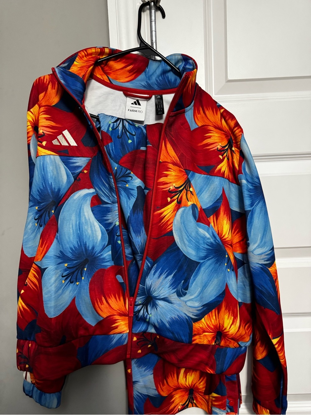 FARM Rio Women's Red Floral Bomber Jacket with Blue & Orange Blooms
